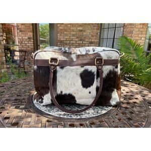 Boho Ranch Weekender Duffle Leather Hair On Cowhide Duffel Bag Brown and White